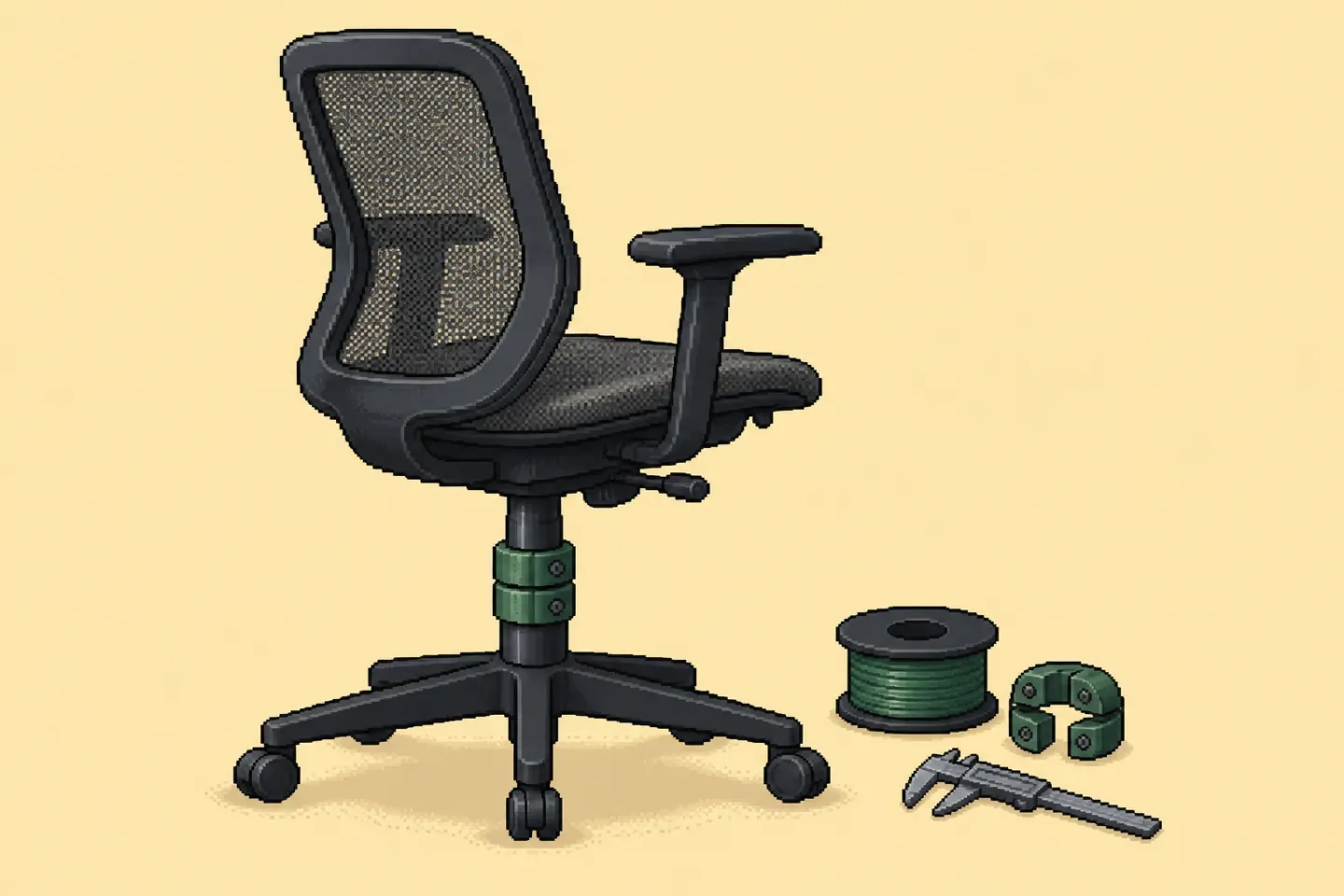 Pixel-art Aeron-style chair with a forest-green printed clamp stabilising its gas cylinder
