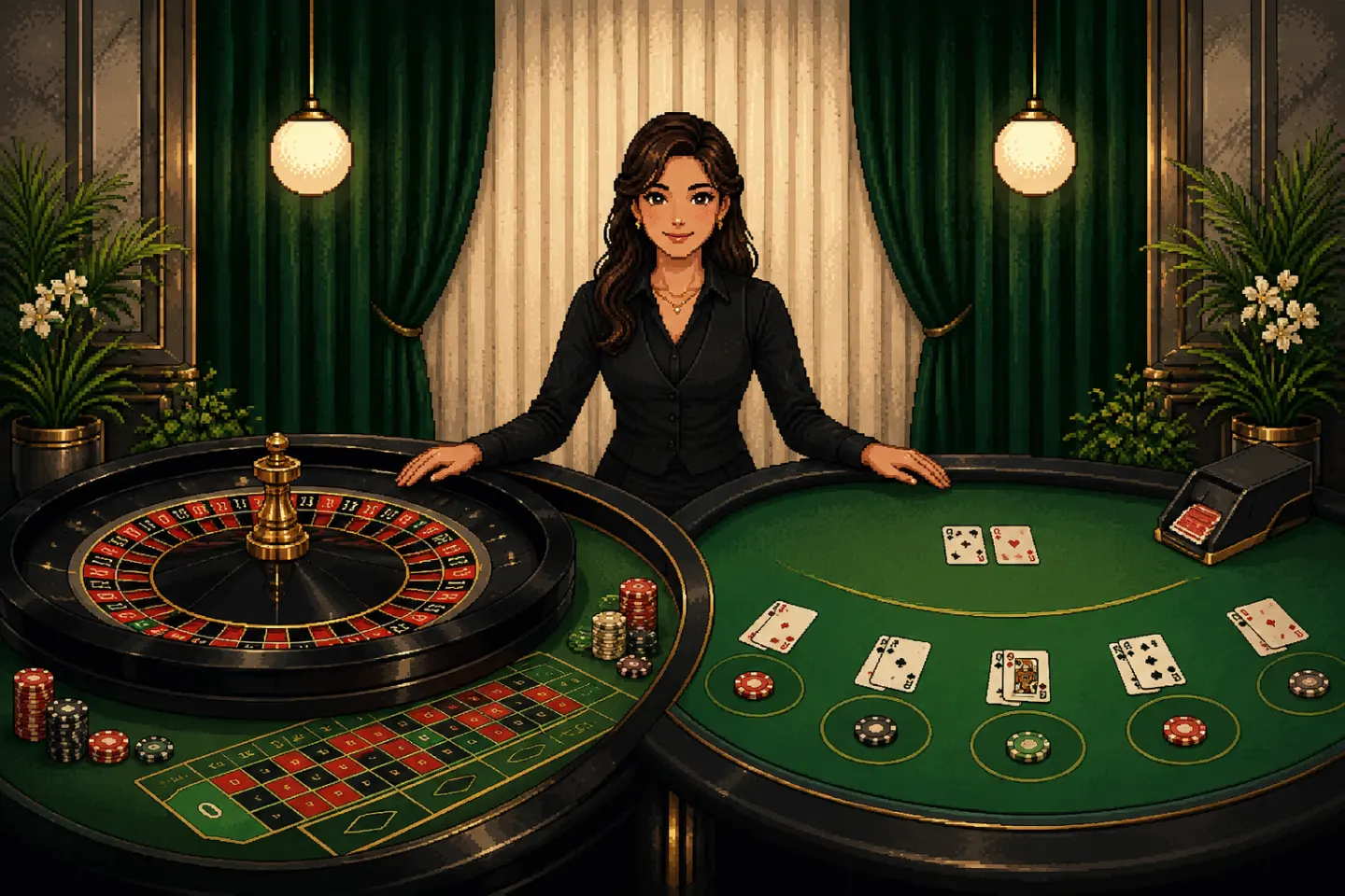 Pixel-art casino studio with a dealer, roulette wheel, blackjack cards, and five fictional players