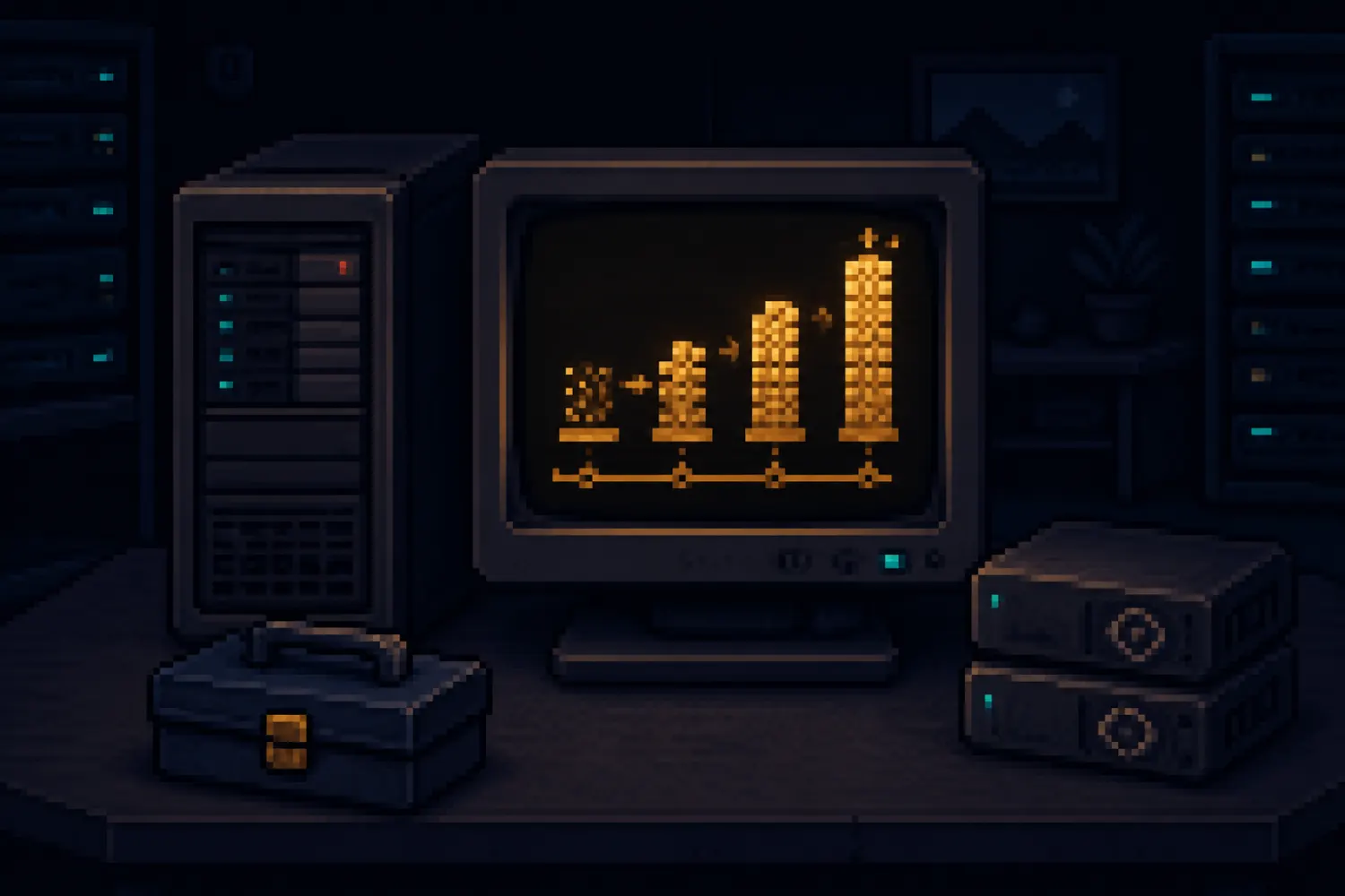 A dark pixel-art home server performing a staged operating-system upgrade