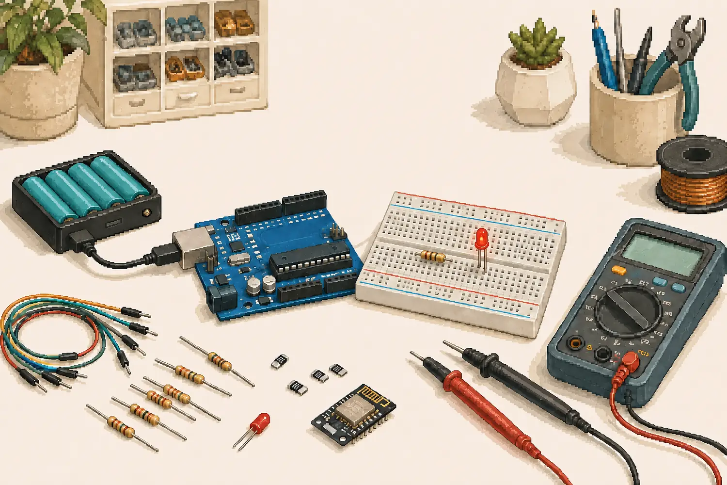 Pixel-art electronics workbench with an Arduino-style board, breadboard, resistors, battery pack, ESP module, and multimeter