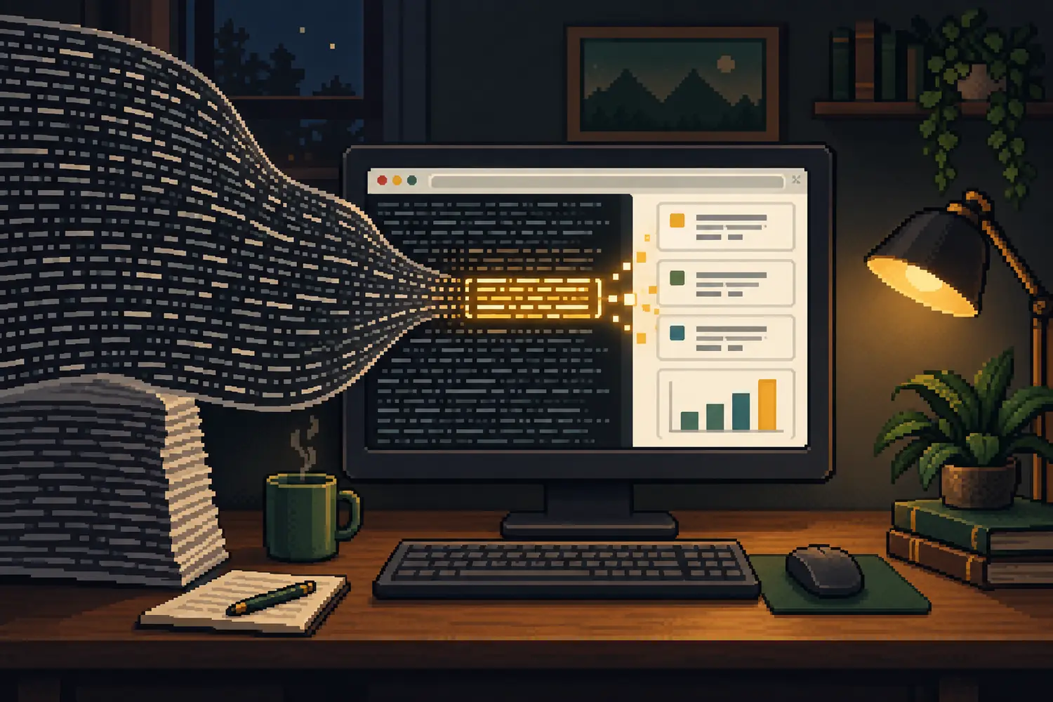 Pixel-art desktop where a huge stream of logfile lines becomes a few orderly fields and a chart inside a local browser