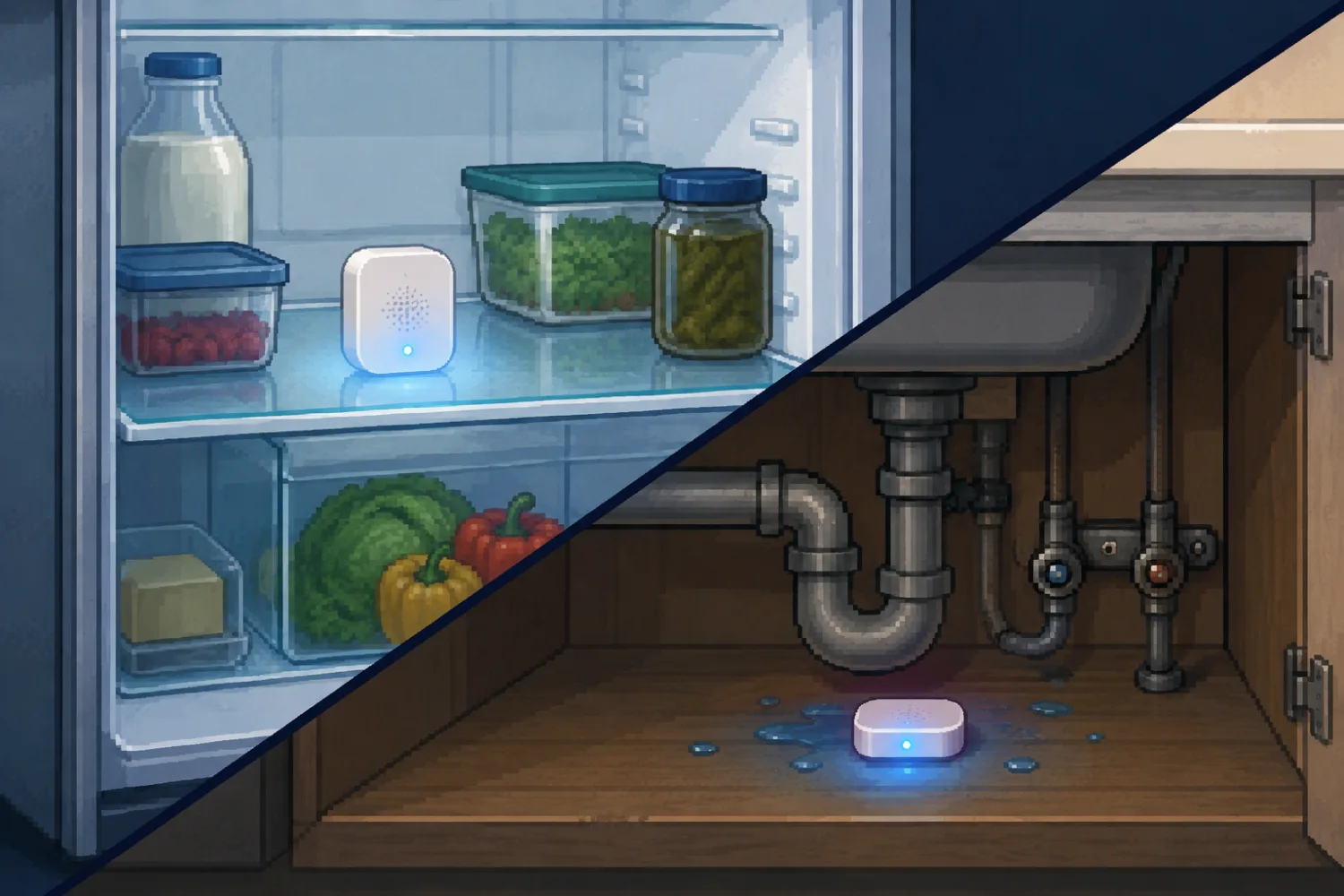 Pixel-art split scene of an active temperature sensor inside a fridge and a glowing leak sensor beneath a kitchen sink