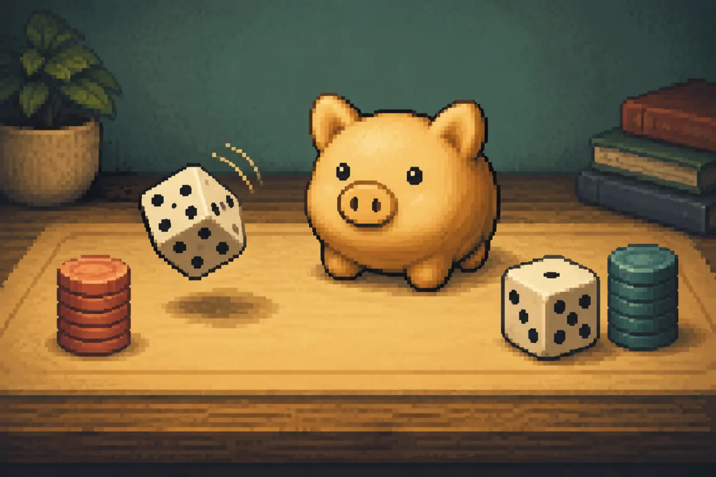 Pixel-art Pig game with a pig token, rolling dice, and two stacks of score markers