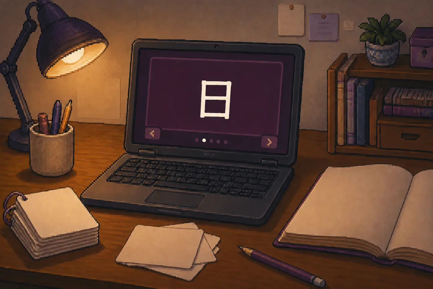 Pixel-art study desk with a kanji memorizer open on a laptop beside blank flashcards