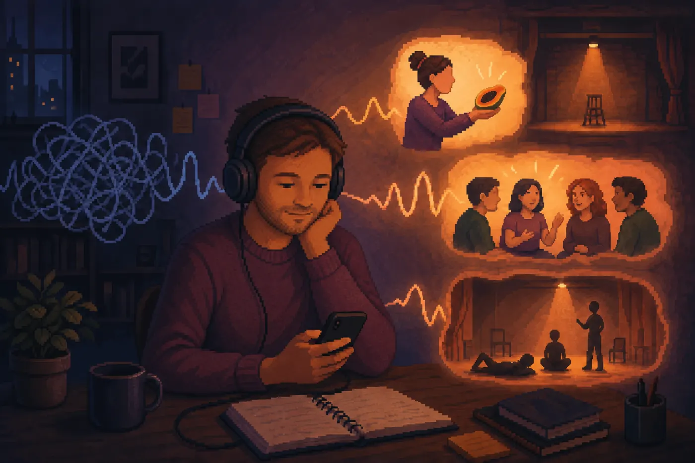 Pixel-art learner revisiting an improv recording as tangled audio becomes warm memories of class exercises