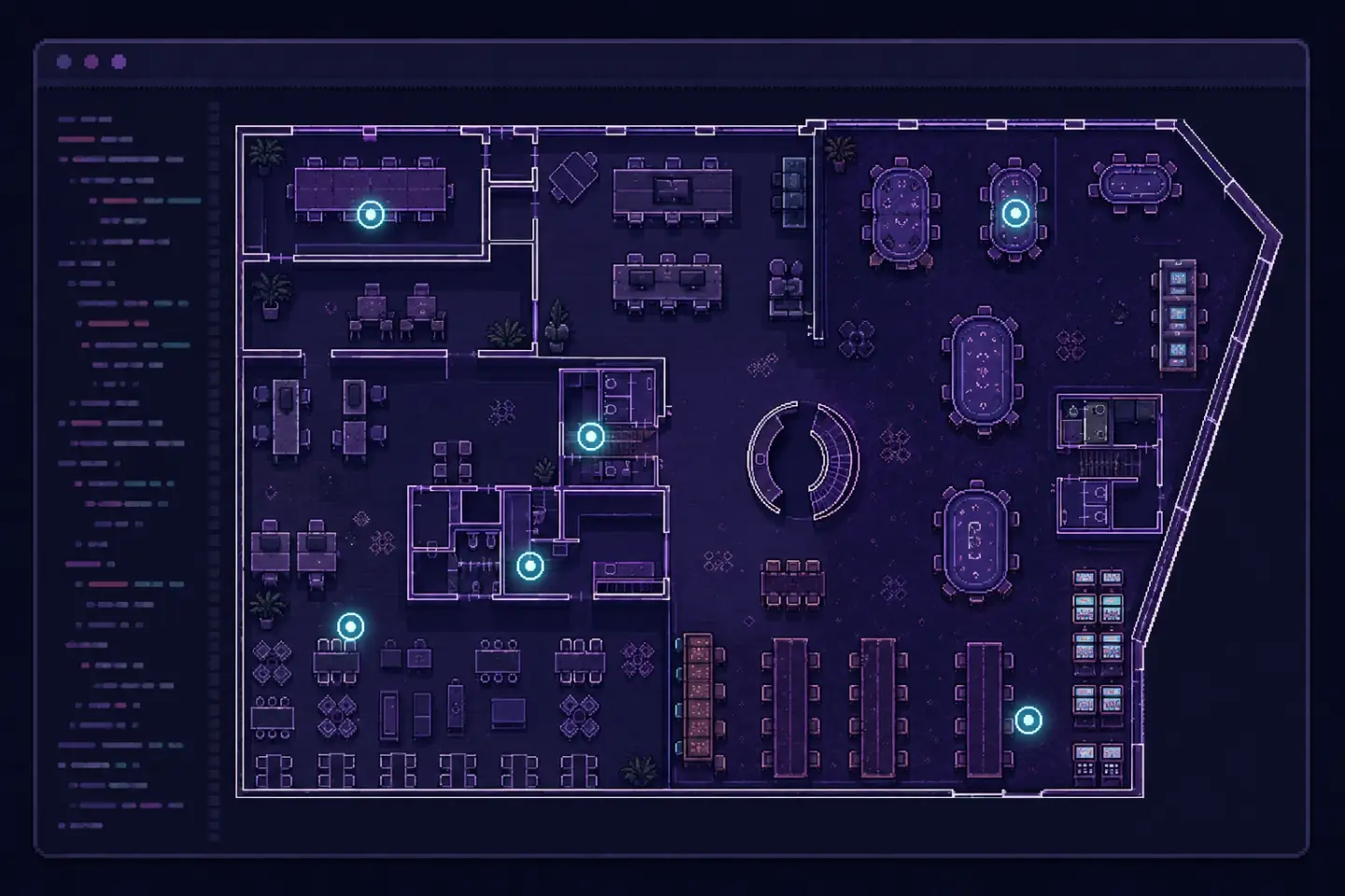 Pixel-art interactive floorplan combining office desks, casino tables, and location markers