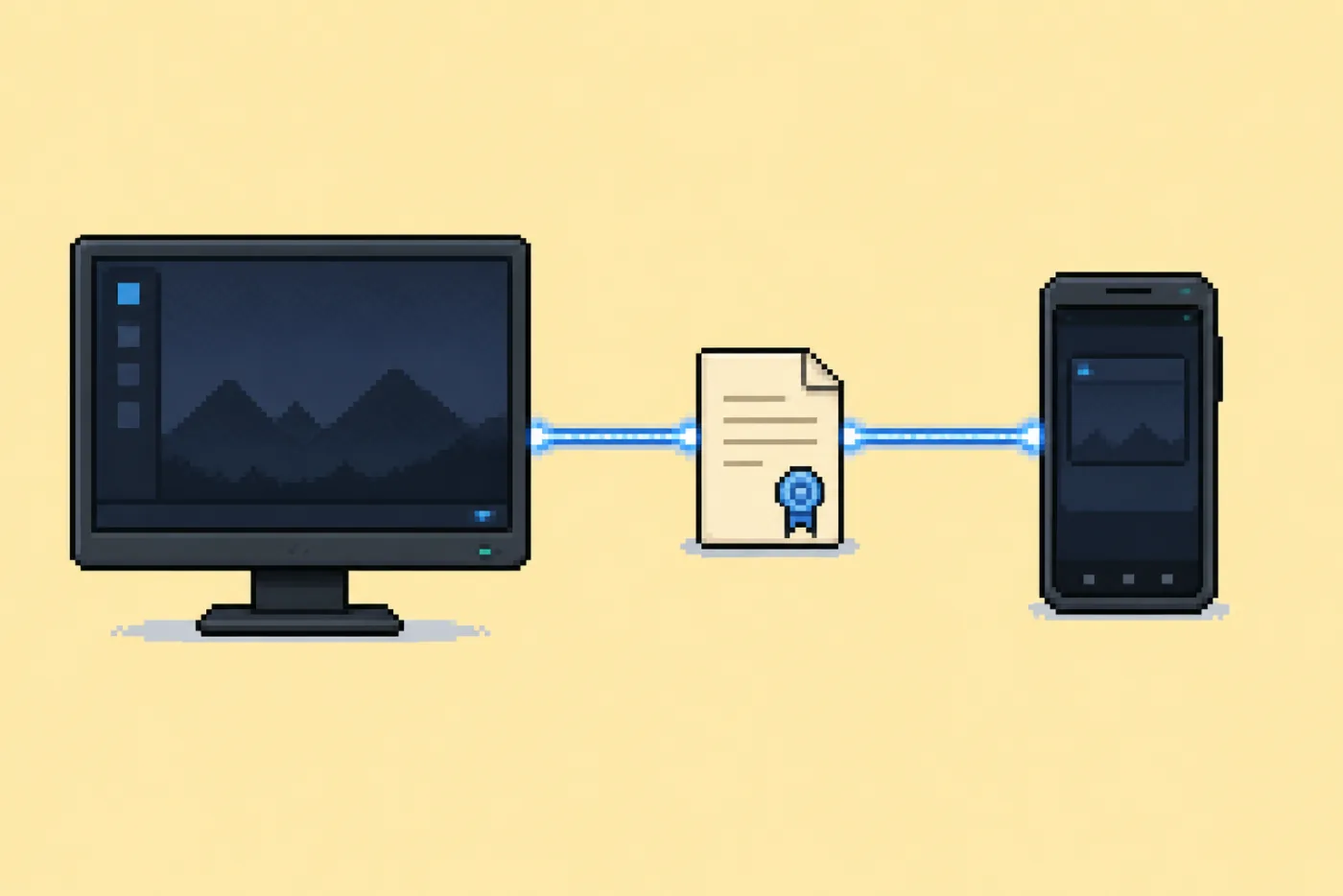 Pixel-art Linux desktop connecting to an Android phone through a certificate