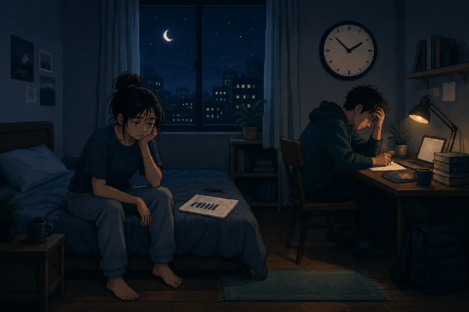 Pixel-art night scene of two exhausted young adults beside a clock, study desk, and paper sleep report