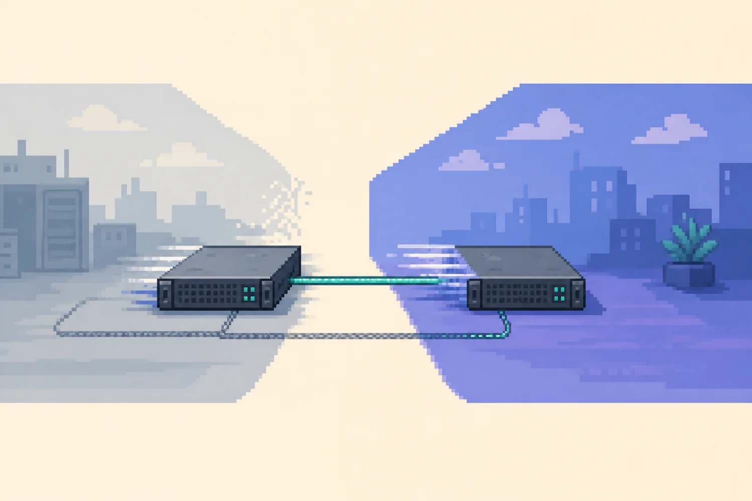 Pixel-art two-node Proxmox cluster moving from an old network into a blue-violet new subnet