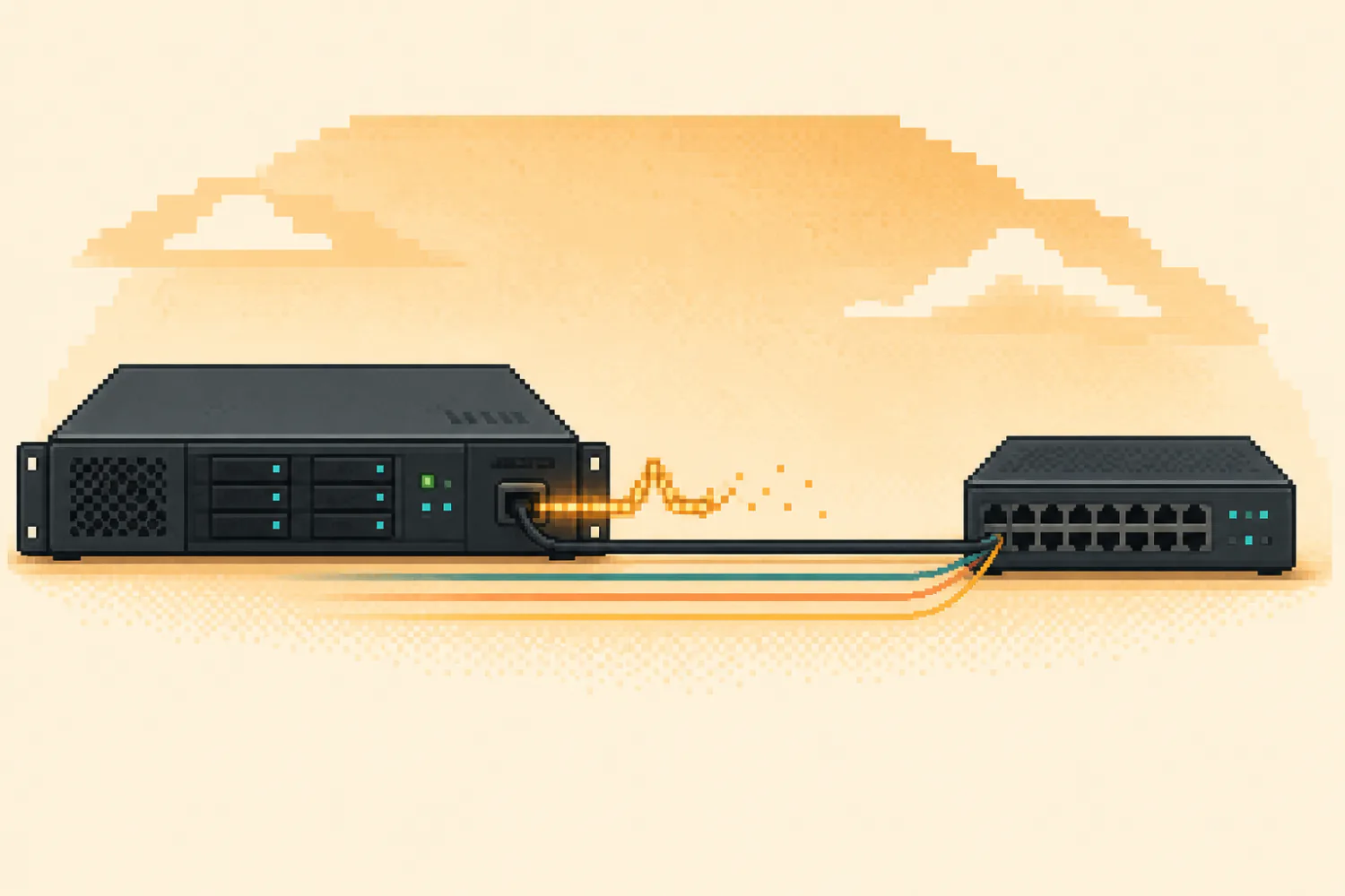 Pixel-art Proxmox server with a fading Ethernet signal while its power remains on