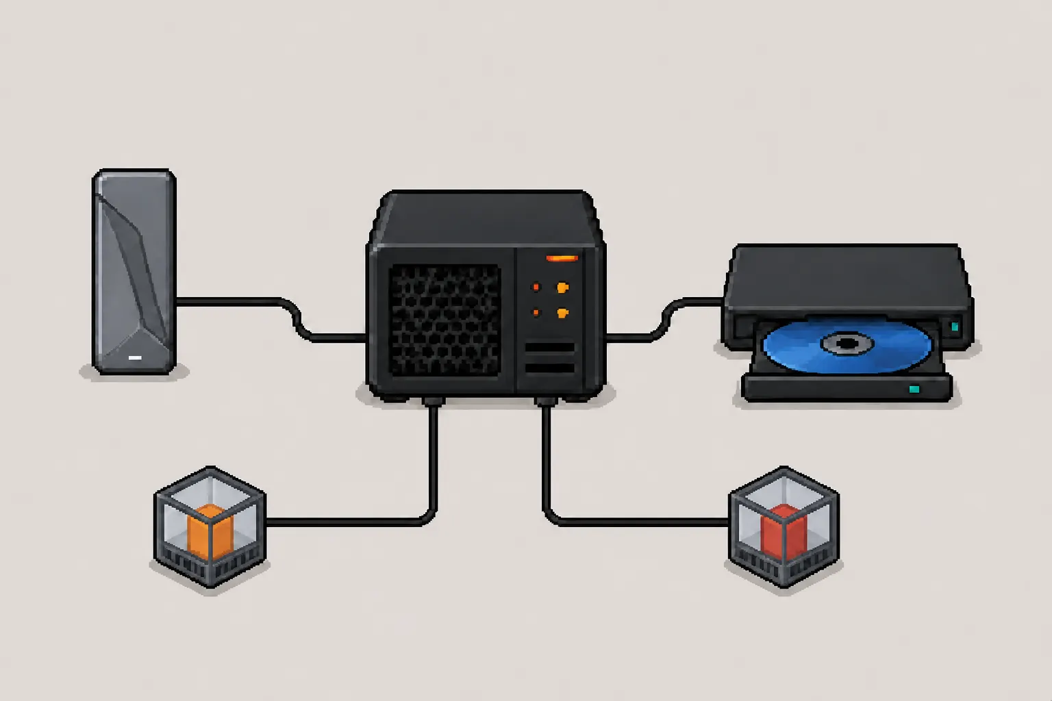 A Proxmox host connecting an external disk and Blu-ray drive to separate LXC containers