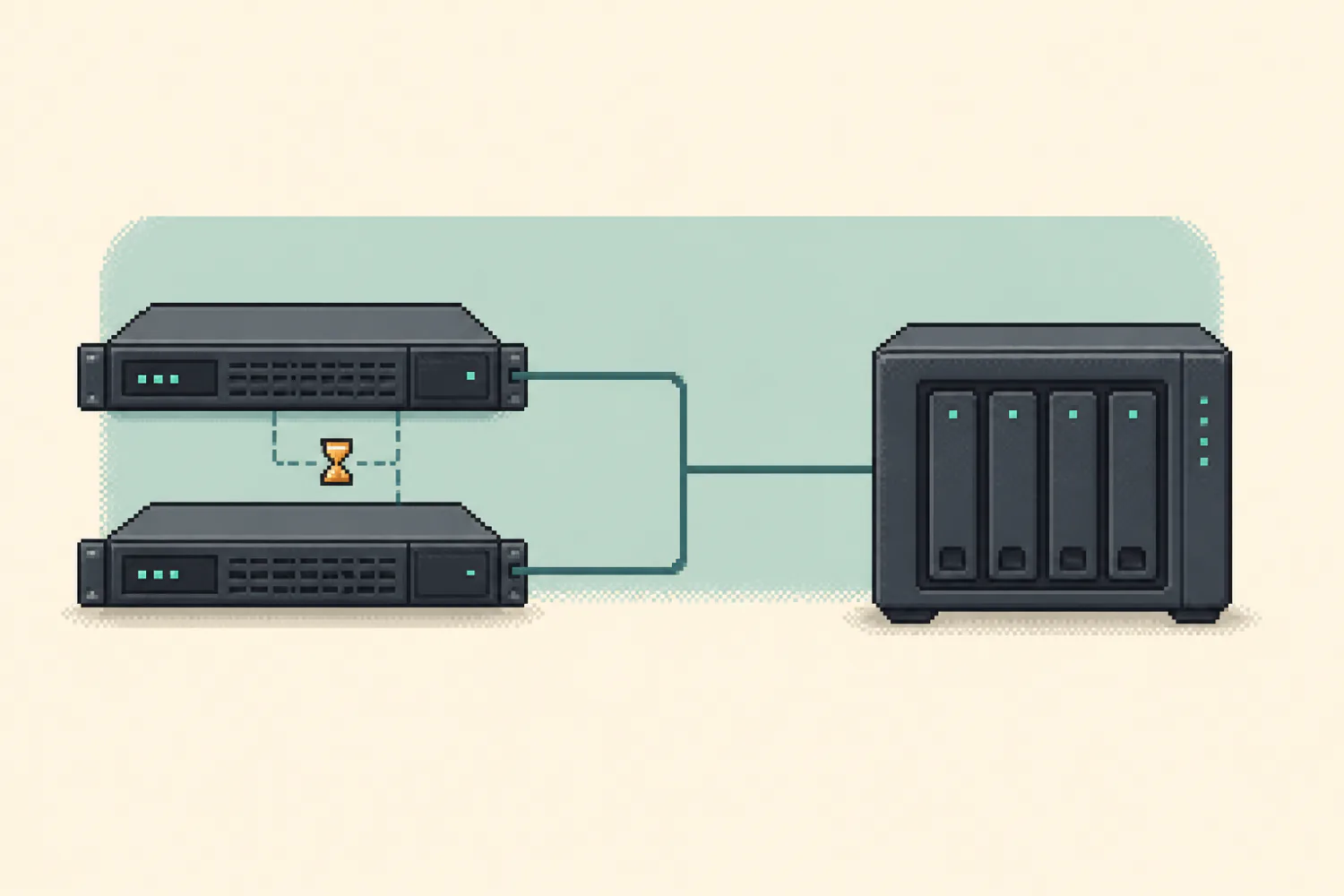 Pixel-art Proxmox cluster connected to a TrueNAS NFS share while one status check pauses
