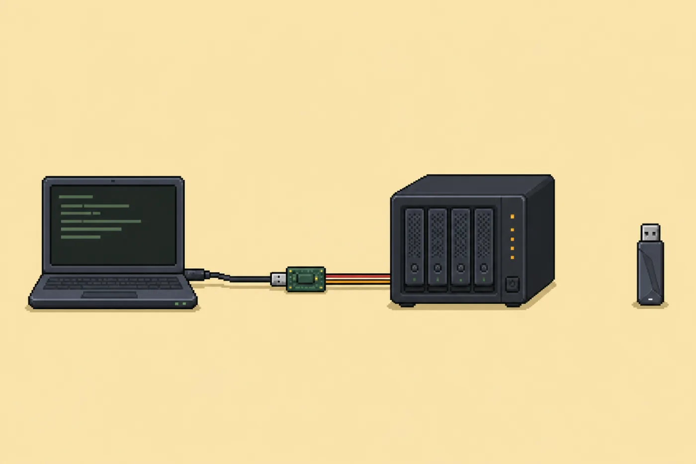 Pixel-art four-bay NAS connected to a laptop through a USB-to-TTL serial adapter