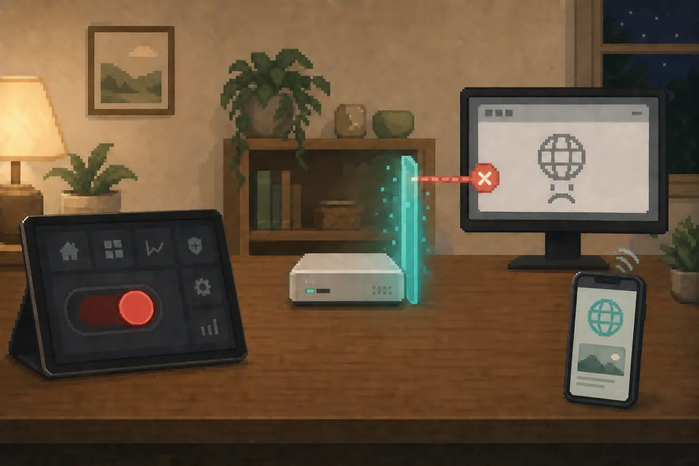 Pixel-art evening scene with a Home Assistant control blocking social media through Pi-hole
