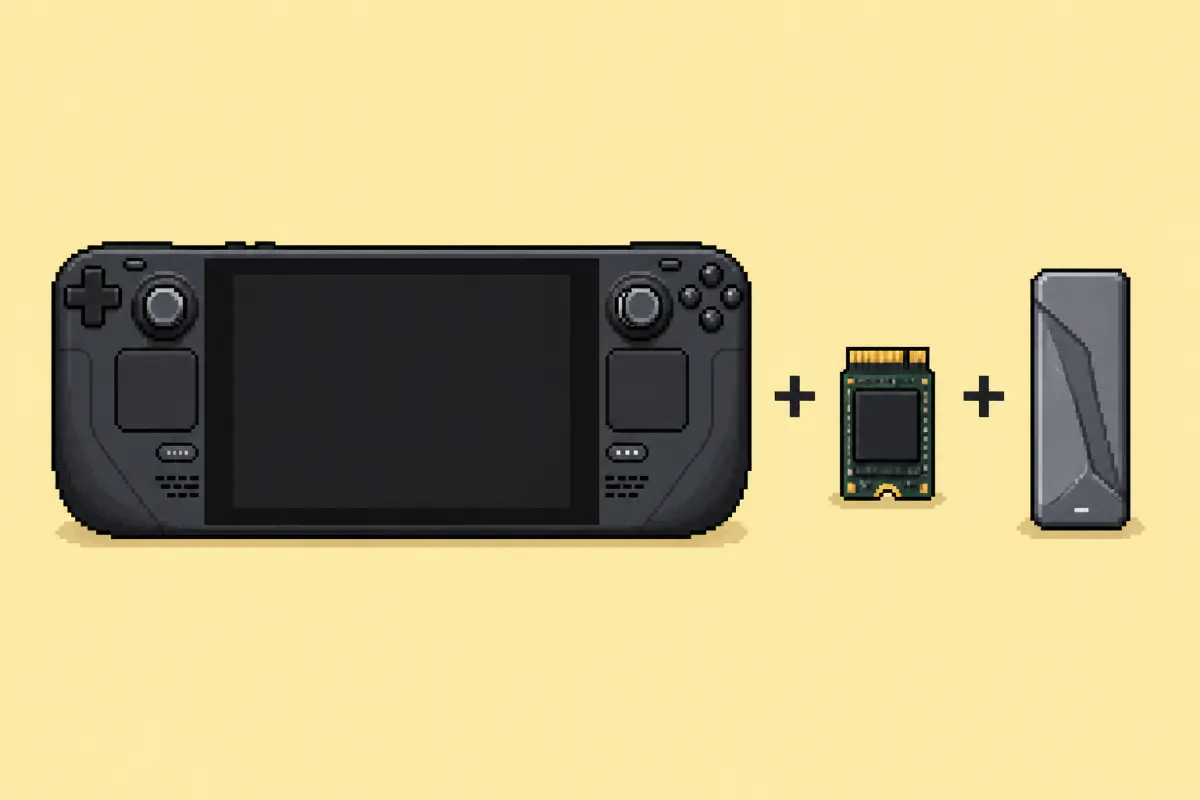 Pixel-art Steam Deck with a mini NVMe SSD and USB enclosure