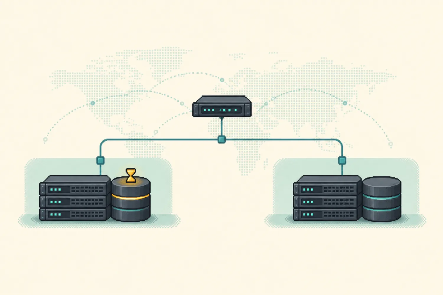 Pixel-art global network connecting two active server regions while only one database holds the authoritative transaction