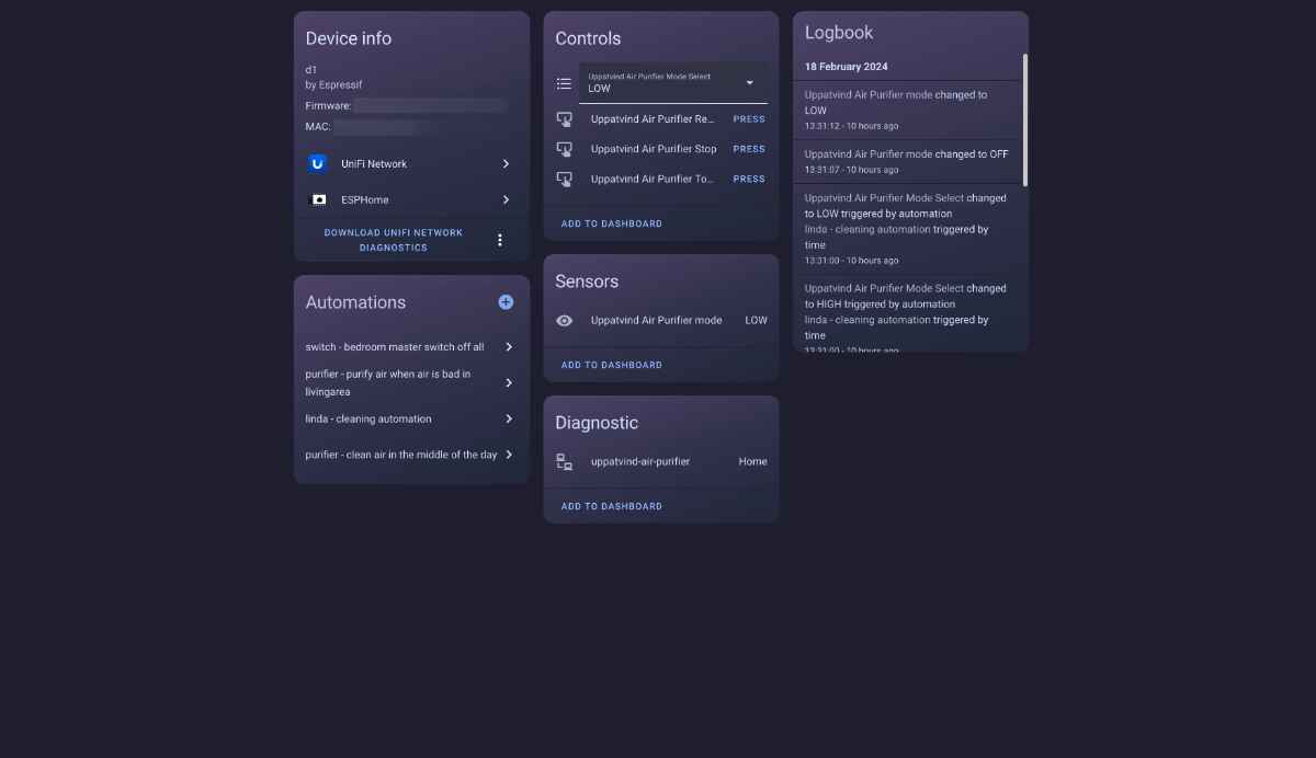 Home Assistant showing controls, sensor state, automations and activity for the UPPÅTVIND air purifier