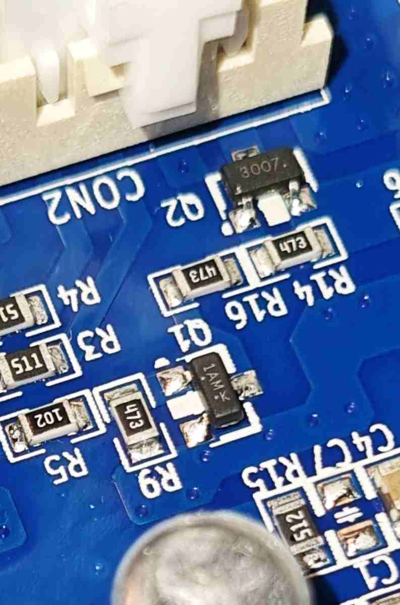 Close view of the UPPÅTVIND circuit board components around the onboard regulator